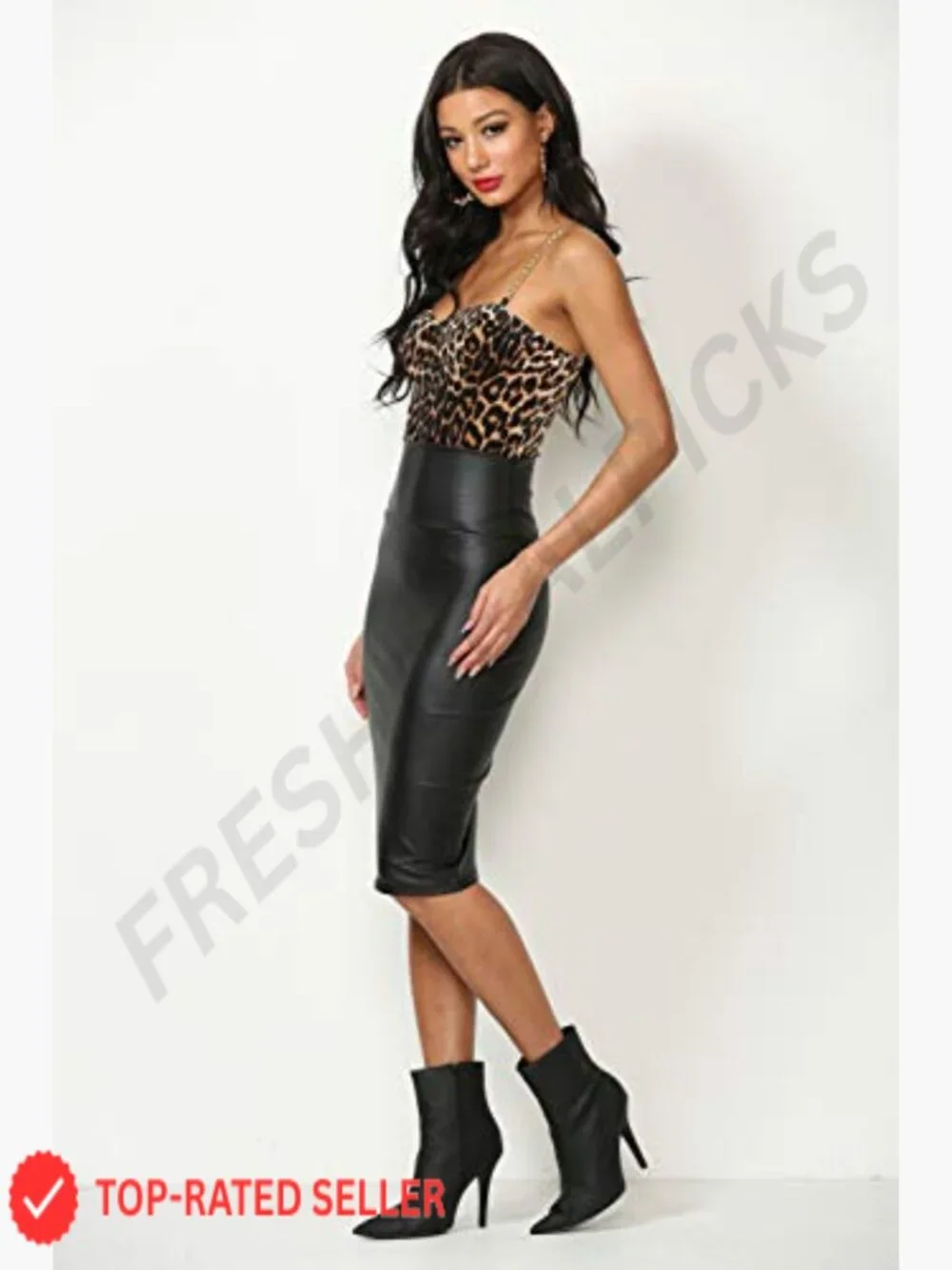 Faux Leather Pencil Skirt Midi High Rise Tummy Control Pull On Stretchy - Picture 3 of 6
